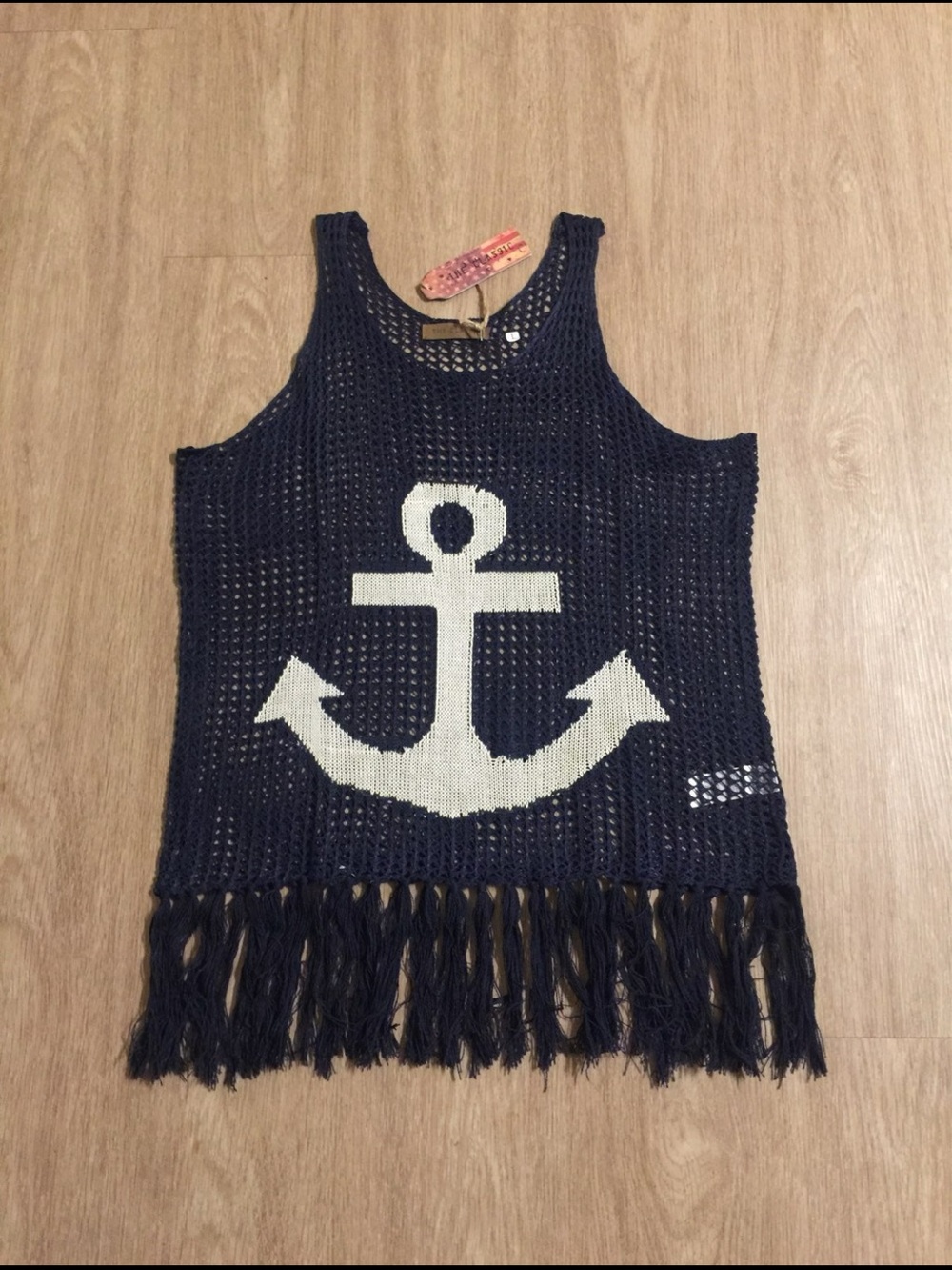 Navy Crochet Tank with White Anchor and Fringe